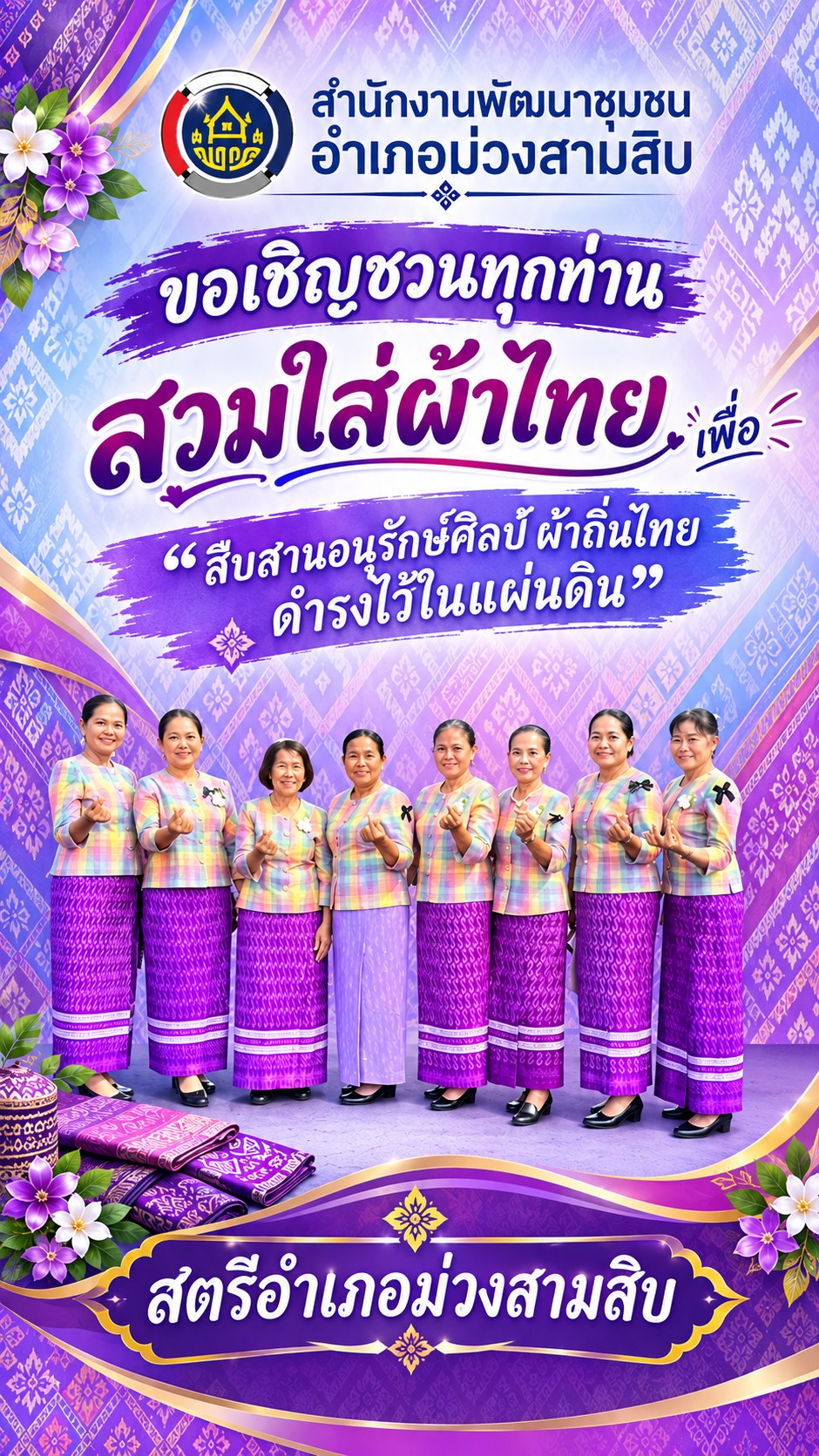 สำนักงานพัฒนาชุมชนอำเภอม่วงสามสิบ ขอเชิญชวนทุกท่าน สวมใส่ผ้าไทย เพื่อ “สืบสานอนุรักษ์ศิลป์ ผ้าถิ่นไทย ดำรงไว้ในแผ่นดิน”